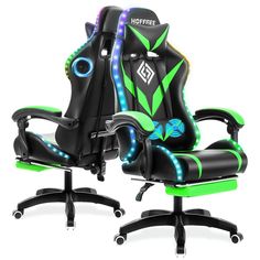 a black and green gaming chair with neon lights on the arm rests in front of a white background