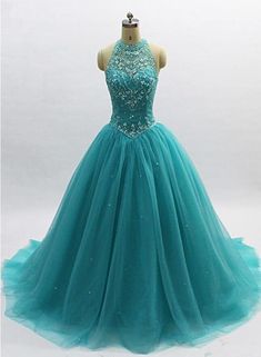 Teal Blue Tulle Beaded Ball Gown High Neckline Sweet 16 Dress, Blue Qu – BeautyDressy Sweet 16 Dresses Blue, Masquerade Gowns, Prom Dresses Cheap, Quinceanera Dresses Blue, Blue Tulle, 16 Dresses, Dresses Cheap, فستان سهرة, Sweet 16 Dresses