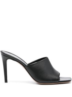 black calf leather smooth grain square open toe front strap branded leather insole 95mm high stiletto heel leather sole slip-on style Sleek Leather Mules With Square Toe, Classic Open Heel Mules With Padded Heel, Classic Mules With Padded Open Heel, Black Calf Leather Mules With Open Heel, Classic Evening Mules In Calf Leather, Classic High Heel Mules With Padded Heel, Calf Leather High Heel Mules With Padded Heel, Black Calf Leather Open Heel Mules, Sleek Leather High Heel Mules