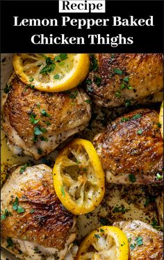 lemon pepper baked chicken thighs in a pan