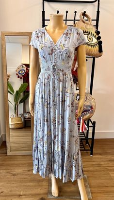 Boho hippie style long dress. Buttons at front. Drawstring waist. Gorgeous boho floral print. Made of cotton viscose. Light blue color. Boho White Dress, Cotton Boho Dress, Boho Hippie Dress, Hippie Dress, Dress Buttons, Hippie Dresses, Dress Cotton, Dress Boho, Cotton Viscose