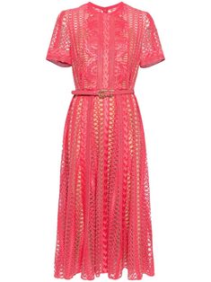 magenta pink silk embroidered design short sleeves mid-length rear zip fastening round neck full lining Pink Short Sleeve Midi Dress For Evening, Fitted Pink Short Sleeve Midi Dress, Pink Short Sleeve Dress For Summer Party, Pink Short Sleeve Summer Party Dress, Ellie Saab Dress, Ellie Saab, Macrame Dress, Dresses Pink, Magenta Pink