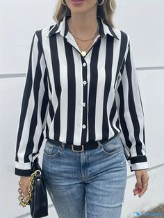 Orcajump - Striped Button Front Shirt, Casual Long Sleeve Shirt For Office, Women's Clothing Trendy Black Top With Casual Collar, Casual Fitted Blouse With Casual Collar, Trendy Striped Button-up Shirt, Casual Shirt With Casual Collar For Office, Casual Office Shirt With Casual Collar, Trendy Striped Collared Blouse, Trendy Striped Collared Shirt, Trendy Striped Shirt With Button Closure, Trendy Striped Office Shirt