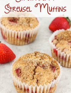 strawberry streusel muffins with strawberries in the background and text overlay