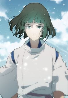 an anime character with green hair standing in front of blue sky and clouds, looking at the camera