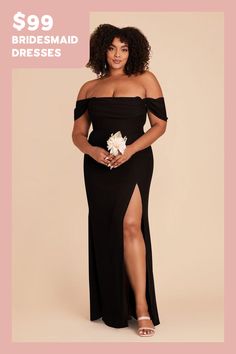 a woman in a black dress with the words $ 99 bridesmaid dresses on it