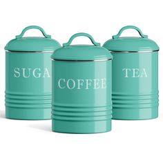 three tea canisters with the words sugar and coffee on them, sitting side by side