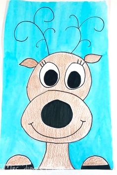 a drawing of a reindeer with antlers on it's head is shown in blue paper