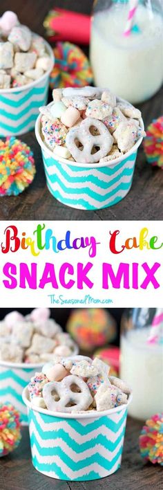 birthday cake snack mix in blue and white paper cups