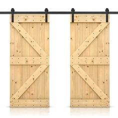 an open wooden door with black metal bars on the top and bottom, in front of a white background