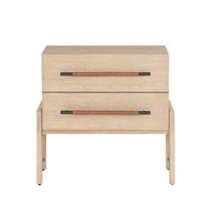 a wooden nightstand with two drawers on one side and an open drawer on the other