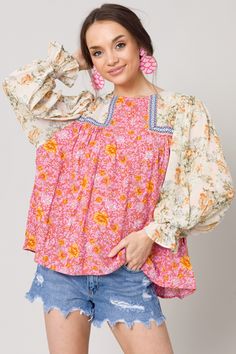 Bohemian Embroidered Top With Floral Print For Fall, Pink Patchwork Blouse For Spring, Bohemian Spring Blouse With Patchwork, Bohemian Patchwork Blouse For Spring, Long Sleeve Blouse With Floral Patchwork For Spring, Bohemian Spring Patchwork Blouse, Spring Pink Patchwork Blouse, Spring Long Sleeve Blouse With Floral Patchwork, Spring Bohemian Patchwork Blouse