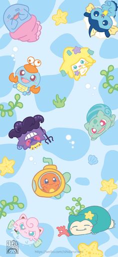 an image of cartoon characters in the ocean with stars and fish on blue water background