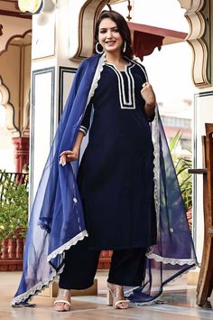 Navy blue straight kurta with placement gota embellishments. Paired with a pant and organza dupatta with scallop gota embellishments on the border. - Aza Fashions Velvet Kurta, Luxury Sale, Straight Kurta, Organza Dupatta, Velvet Color, Pants Pattern, Modern Bride, Pant Set, Blue Velvet