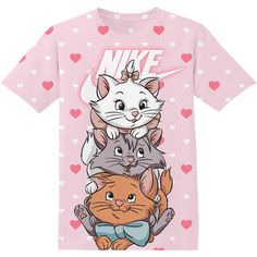 a pink t - shirt with an image of cats and mice on the front that says nike