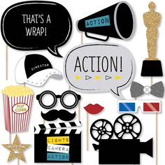 an assortment of photo props with the words action written on them and some movie related items