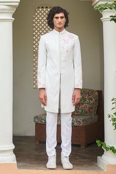 Shop for Gargee Designers White Poly Viscose Floral Embroidered Sherwani Set for Men Online at Aza Fashions White Sherwani, Embroidered Sherwani, Off White Jacket, Blue Kurta, Types Of Work, Floral Set, Luxury Sale, White Jacket, Kurta Set