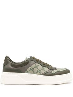 green/beige calf leather canvas panelled design GG Supreme canvas round toe logo patch at the tongue branded heel counter signature Interlocking G logo padded ankle branded leather insole logo at the sole contrasting flat rubber sole front lace-up fastening This piece comes complete with a protective dust bag. Gucci Designer Platform Sneakers With Round Toe, Designer Gucci Platform Sneakers With Round Toe, Gucci Leather Low-top Platform Sneakers, Gucci Low-top Platform Sneakers With Branded Insole, Gucci Custom Sneakers With Rubber Sole For Streetwear, Gucci Leather Platform Sneakers, Casual Gucci Platform Sneakers With Round Toe, Designer High-top Platform Sneakers With Contrast Sole, Designer Sneakers With Contrast Sole