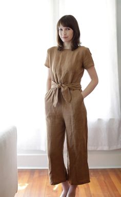 Linen Jumpsuit Short Sleeve Wrap Back Cropped Leg Linen | Etsy Chic Linen Jumpsuits And Rompers With Short Sleeves, Fitted Linen Jumpsuits And Rompers With Pockets, Brown Short Sleeve Jumpsuits For Work, Relaxed Fit Linen Jumpsuits And Rompers With Short Sleeves, Relaxed Fit Linen Short-sleeved Jumpsuit, Relaxed Fit Linen Jumpsuit With Short Sleeves, Brown Short Sleeve Jumpsuits And Rompers For Spring, Casual Brown Short Sleeve Jumpsuits And Rompers, Fitted Brown Jumpsuit With Short Sleeves