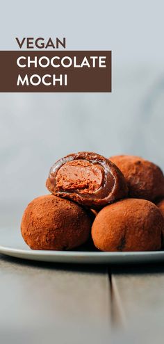 vegan chocolate mochies stacked on top of each other with text overlay