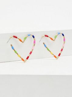 Let your love shine brightly with these heart hoop earrings that feature a rainbow enamel design. Post back. Base metal. Imported. The best plus size women's gold-tone & rainbow enamel heart hoop earrings in multi. Heart Hoop Earrings, Floral Hoops, Hoop Earring Sets, Stud Earrings Set, Floral Earrings, Rhinestone Earrings, Heart Jewelry, Huggies Earrings, A Rainbow