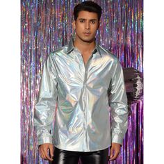 These metallic holographic shirts have a unique design that makes you look more eye-catching in the crowd. Metallic shirts can be paired with skinny pants, leather pants, or ripped jeans for a stylish look. The holographic shirts are suitable for many occasions, they can also be a special gift for friends or family for Halloween or Christmas. Slim Fit Party Shirt For Fall, Fitted Disco Shirt For Party, Fitted Disco Style Party Shirt, Fitted Disco Party Shirt, Fitted Disco Shirt For Party Season, Disco Style Fitted Shirt For Party Season, Winter Party Fitted Shirt, Fitted Winter Party Shirt, Metallic Long Sleeve Club Tops