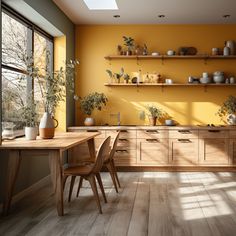 a kitchen with yellow walls and wooden flooring, potted plants on the shelves