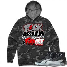 F#ck Wolf Grey 12s Camo Hoodies. Hoodie to Match the Jordan Retro 12 Wolf Grey Baron 12s shoes. This hoodie has a relax fit that is true to size and is made out 8.5 oz Midweight Cotton. This is a true classic fit with a jersey lined hood. Comes with metal eyelets and a pouch pocket to keep your hands warm or to store all your accessories. Sneaker Tees Clothing is the brand that was made just for sneakerheads. This brand specializes in clothing to match your shoes. This item is made on demand whi Throwback Streetwear Hoodie For Fall, Fall Streetwear Throwback Hoodie, Black Throwback Hoodie For Streetwear, Winter Throwback Sweatshirt For Streetwear, Winter Throwback Streetwear Sweatshirt, Throwback Winter Streetwear Sweatshirt, Throwback Hoodie With Double-lined Hood For Streetwear, Throwback Streetwear Hoodie With Double-lined Hood, Throwback Hoodie With Logo Print For Streetwear