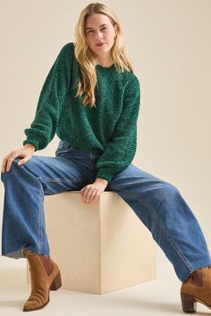 Robyn Chenille Sweater in Forest Green | Altar'd State Green Sweater Jeans Outfit, Green Sweater Outfit, White Dress Skirt, Winter Sweater Outfits, Christmas Skirt, Preppy Fall, Skirts With Boots, Chenille Sweater, Christmas 2024