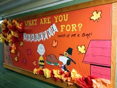 a bulletin board with the words, what are you for? and a cartoon thanksgiving turkey