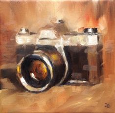 an oil painting of a camera on a table