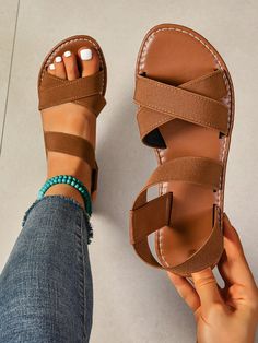 Women's Flat Thick Sole Cross Adjustable Strap Solid Color Sandals, Versatile Loose Casual Comfort Lightweight Simple Elegant Beach Shoes Brown     Plain    Wide Fit Shoes, size features are:Bust: ,Length: ,Sleeve Length: Lipstick Gift Set, Female Sandals, Brown Plain, Colorful Bead Bracelets, Strapless Backless Bra, Wide Fit Sandals, Wide Fit Shoes, Bohemian Bracelets, Christmas Gifts For Men