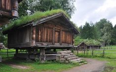 an old wooden house with grass growing on the roof and side walls, near a dirt path