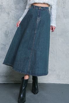 CALLING ALL THE TIME DENIM MIDI SKIRT Martin Boots Outfits, Midi Jean Skirt Outfits, Midi Jean Skirt, Jean Skirt Outfits, Boot Outfits, Clothing Designs, Denim Skirts, Easy Trendy Outfits, Denim Midi Skirt