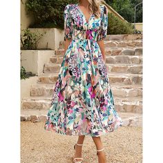 Season:Summer; Fabric:Polyester; Sleeve Length:Half Sleeve; Look After Me:Machine wash; Gender:Women's; Style:A Line,Streetwear; Elasticity:Micro-elastic; Occasion:Holiday,Street,Vacation; Fit Type:Regular Fit; Dresses Type:A Line Dress,Summer Dress,Casual Dress,Swing Dress; Pattern:Floral; Design:Print; Neckline:V Neck; Front page:FF; Listing Date:03/27/2024; Bust:; Length:; Shoulder Width:; Waist:; Fit US Size:; Fit UK Size:; Fit EU Size:; Dress Length Type:Midi Dress; Print Type:Print Bohemian Print Dress, Elegant Maxi Dress, Chiffon Fashion, Bohemian Print, Sleeves Clothing, Weave Style, Floral Print Maxi Dress, Floral Print Maxi, Ring Style