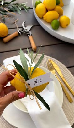 a person holding a lemon with a name tag on it and place setting for the table