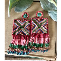 Red,Pink,Green Beaded Tassel Earrings Light Blue Gemstone, Feather Angel Wings, Betsey Johnson Earrings, Glass Drop Earrings, Gold Leaf Earrings, Fruit Earrings, Beaded Tassel Earrings, Gemstone Stud Earrings, Long Drop Earrings