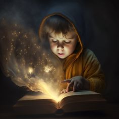 a little boy is reading a book and looking at the light coming out of it