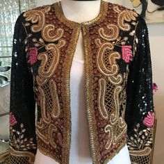 Beyond Vintage , Size Xs . So Hot With Jeans Or Leather . Black Embellished Fall Blazer, Embellished Black Blazer For Fall, Luxury Outerwear For Night Out, Festive Black Long Sleeve Outerwear, Designer Fitted Embellished Outerwear, Chic Embellished Festive Outerwear, Chic Fitted Outerwear For Festive Occasions, Fitted Chic Outerwear For Festive Occasions, Festive Fitted Outerwear For Night Out