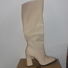 Never Worn! So Beautiful But Didn’t Fit My Wider Calves. I Need Someone Else To Love Them! Chic Faux Leather Summer Boots, Cream Heeled Boots For Fall Party, Spring Trendy Almond Toe Heeled Boots, Trendy Cream Boots For Party, Casual Almond Toe Heeled Boots For Party, Trendy Cream Party Boots, Party Beige Heeled Boots Medium Width, Cream Boots For Party In Fall, Cream Boots For Fall Party