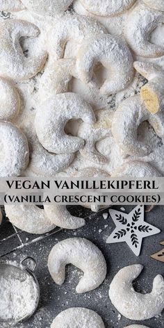 vegan vanilla powdered cookies on a baking sheet with the words vegan vanillekipfel