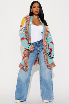 Western Day Fringe Cardigan - Blue/combo | Fashion Nova, Sweaters | Fashion Nova Chic Fall Fashion, Fringe Cardigan, Cardigan Sweater Coat, Women Hoodies Sweatshirts, Fringe Trim, Sweater Coats, Sweater Fashion, Fall Fashion, Cardigan Sweater