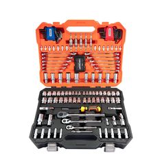 an orange tool kit with tools in it