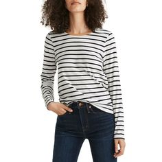 Just Right For Casual Wear, The Madewell Northside Long Sleeve Tee In Stripe Has Long Sleeves For Warmth And Stipe Print To Make This Tee Stand Out In A Crowd. Crew Neckline. Etta Stripe Long Sleeves. 100% Cotton. Machine Wash, Tumble Dry Measurements: Chest 15.5", Length: 22", Sleeve 22" White Everyday Crew Neck Long Sleeve Top, Classic Striped Tops For Layering, Casual White Long Sleeve Top For Layering, Basic Cotton Long Sleeve Top, Kate Middleton Outfits, Middleton Style, Houndstooth Jacket, Kate Middleton Style, Houndstooth Dress