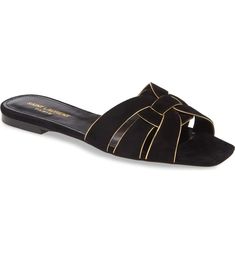 Saint Laurent Tribute Nu Pieds Slide Sandal (Women) | Nordstrom Elegant Evening Slides, Black Slide Sandals For Formal Wear, Black Slide Sandals For Formal Occasions, Elegant Gold Leather Slides, Elegant Flat Slides For Formal Occasions, Elegant Formal Flat Slides, Elegant Gold Flat Slides, Luxury Slides With Leather Sole And Single Toe Strap, Elegant Gold Slide Sandals