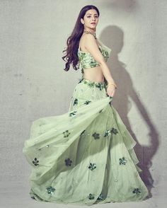 Silky Bindra-Floral Embroidered Lehenga Set-INDIASPOPUP.COM Ruffle Dupatta, Crystal Embroidery, Green Lehenga, Luxury Girl, Embroidered Lehenga, Hem Blouse, Embroidered Neckline, Music Fashion, Green Fabric