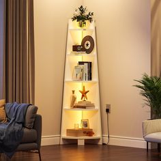 a living room with a chair and book shelf