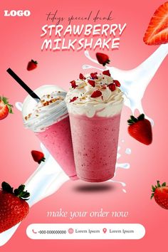 strawberry milkshake with whipped cream and strawberries on pink background, advertisement design