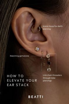 a woman with ear piercings on her ears and the words how to elevate your ear stack