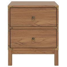 a wooden nightstand with two drawers and brass hardware on the bottom drawer, against a white background